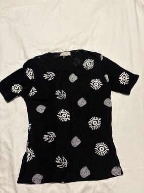 Vintage 1999 Jaipur Slinky Graphic Tee Black White Evil Eye Print Small NWOT